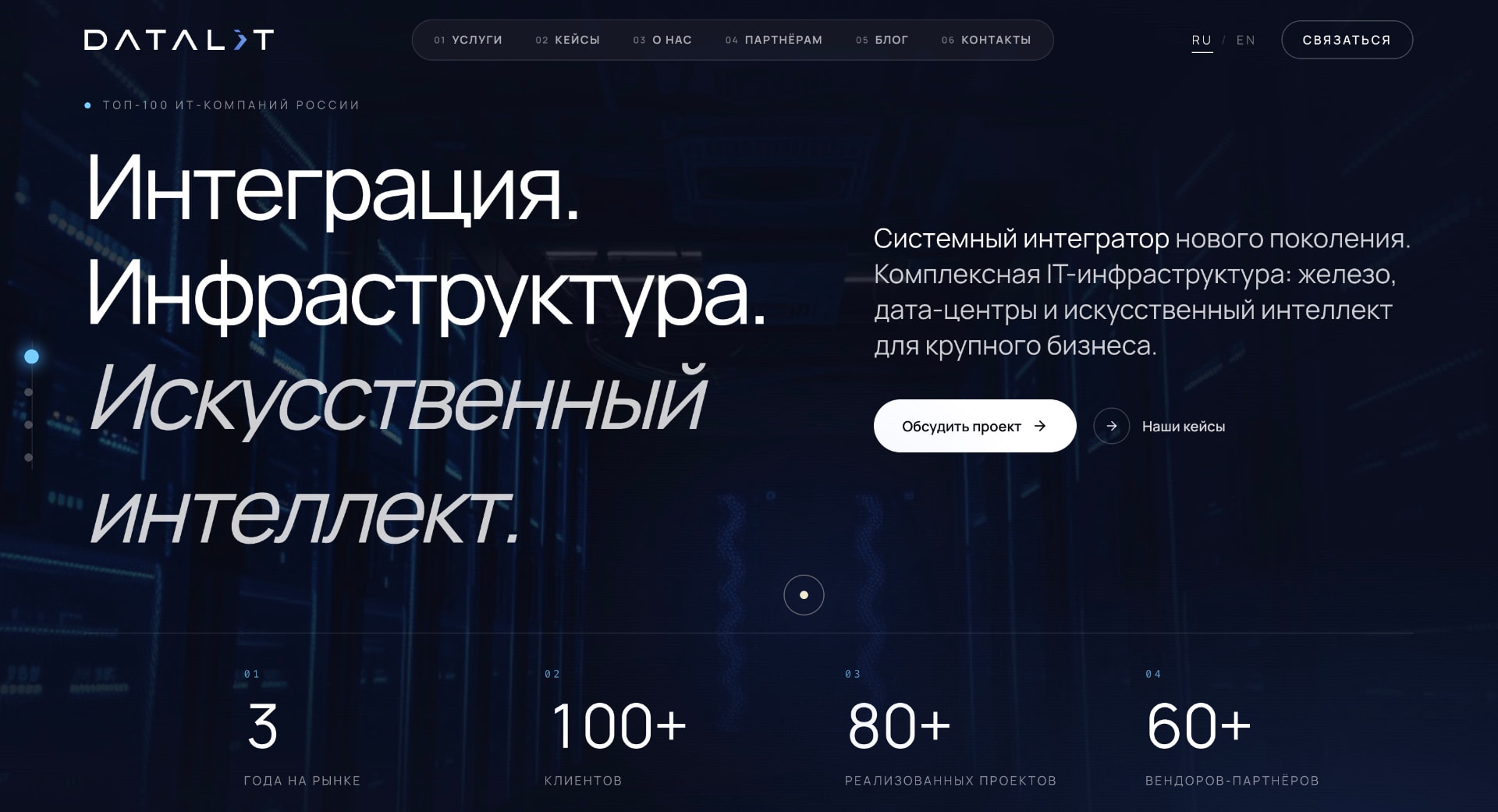 Главный экран сайта IT-интегратора с корзиной и каталогом решений